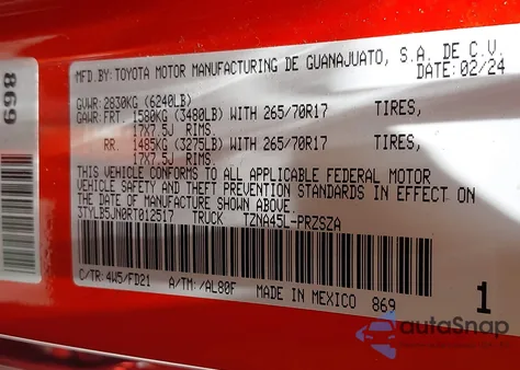 2024 Toyota Tacoma Trd Off Road 4Wd из США, поврежденный, VIN 3TYLB5JN0RT012517